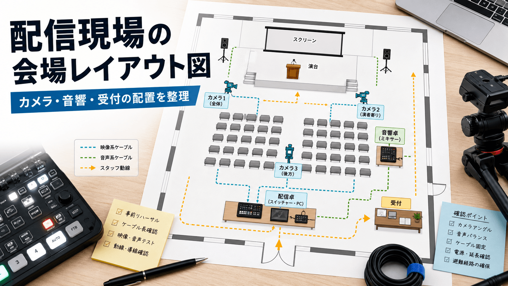 配信現場の会場レイアウト図の作り方｜カメラ・音響・受付の配置を整理する